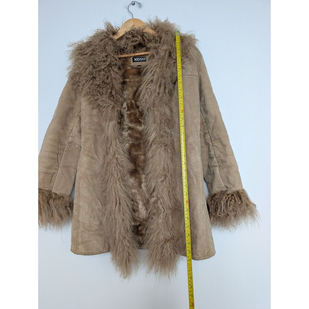 Vintage Real Leather Fur Trim Tan Penny Lane Longline Coat Jacket Sz S XOXO - Picture 5 of 16